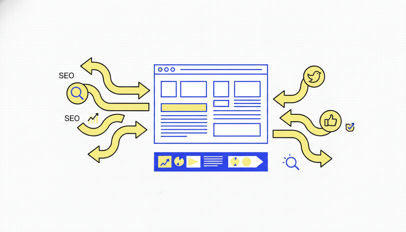 Illustration of a competitor website analysis workflow with traffic, messaging, and conversion signals