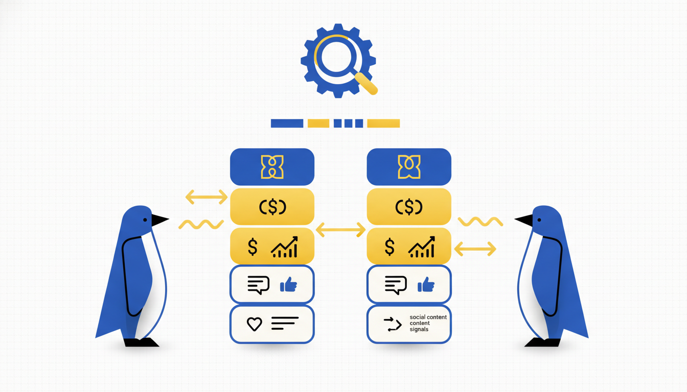 Illustration of a competitor product analysis framework with feature comparison and social content signals