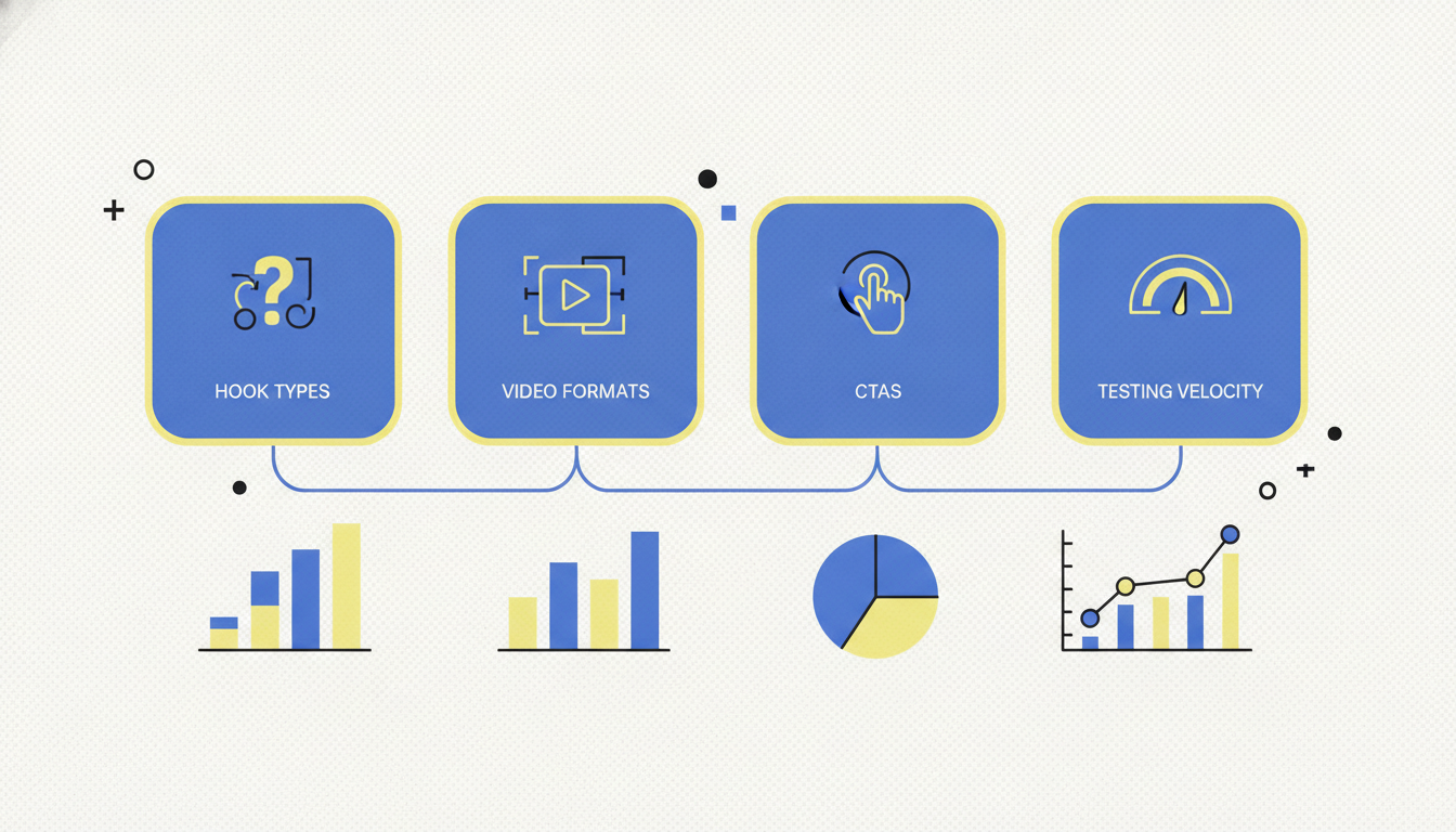 DTC ad creative analysis framework showing hooks, formats, CTAs, and testing velocity
