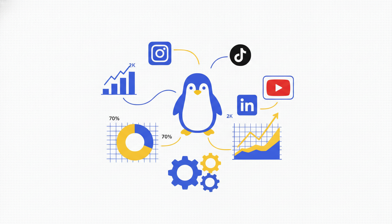 Illustration of a social media monitoring dashboard across Instagram, TikTok, LinkedIn, and YouTube for marketing teams in 2026