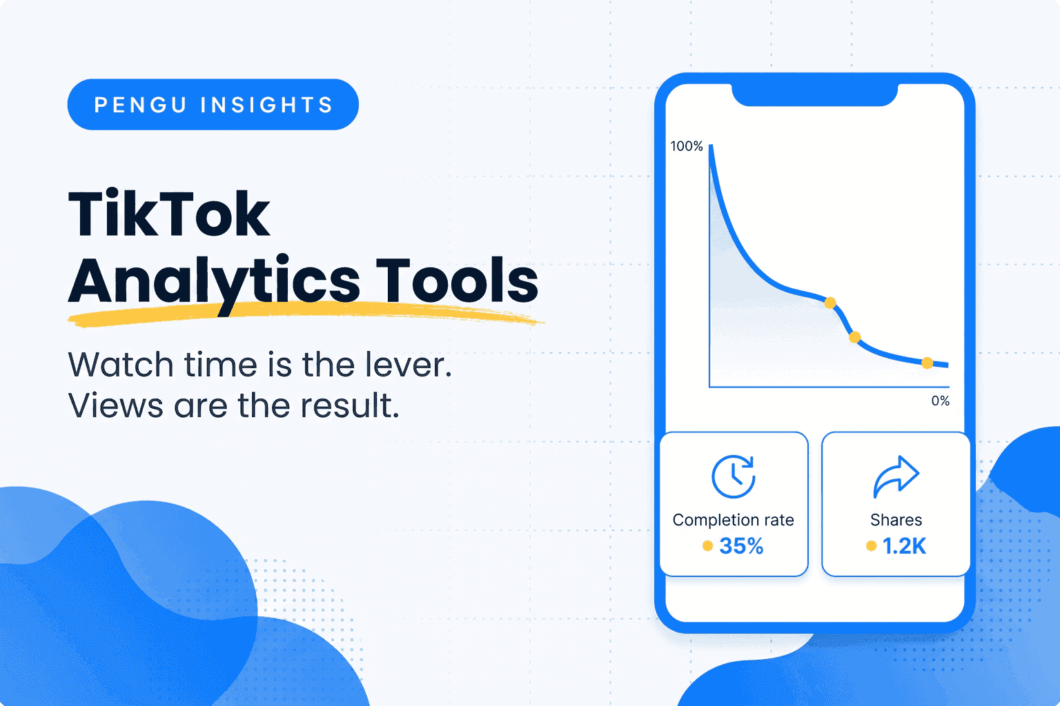 Illustration of a TikTok analytics dashboard showing retention curves, hook performance, and competitor benchmarking