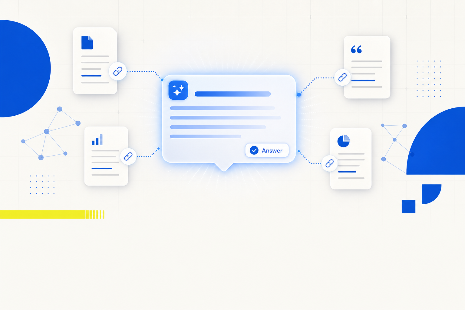 Abstract illustration of generative engine optimization with an AI answer card citing brand sources